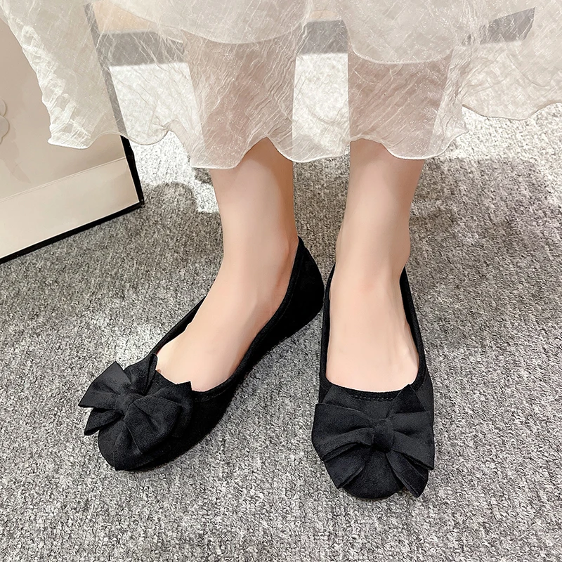 Женские флоковые туфли на плоской подошве с круглым носком большим бантом