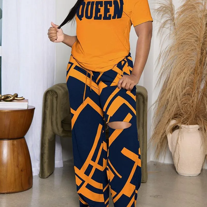 

Summer Casual Printed 2 Piece Set Women Sport 2Piece Outfit Short Sleeve T Shirt Top Hollow Out Wide Leg Pant Suit Tracksuit
