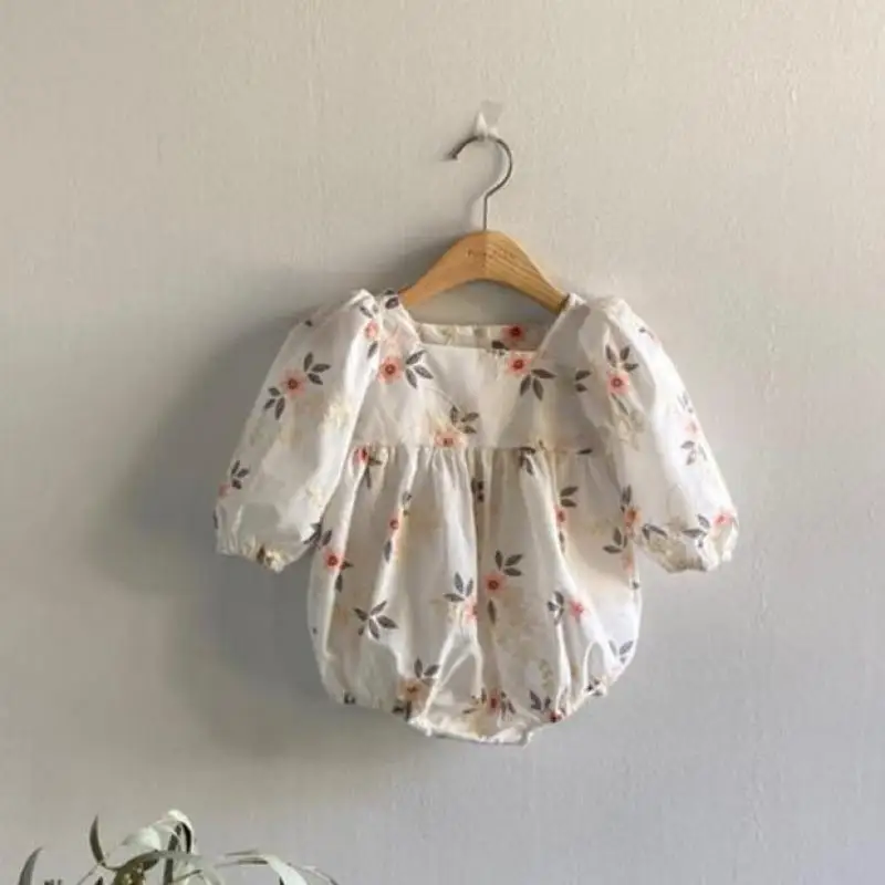 

2023 Spring New Baby Girl Bodysuit Cute Flower Print Princess Girl Clothes Infant Long Sleeve Jumpsuit Cotton Toddler Onesie