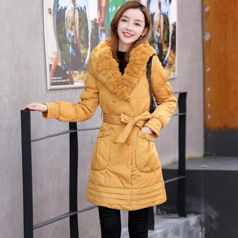 Down Jacket Women Hooded Rex Rabbit Fur Collar Fashion Slim Parkas Female Large Size Waist Long Thick White Duck Down Jacket