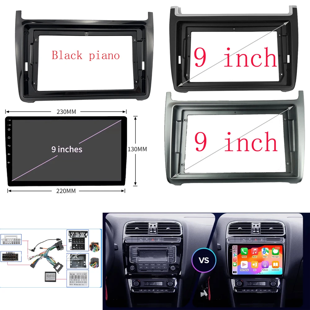 Фото Рамка автомобильного радио Fascias для Volkswagen VW Polo 2011-2018 9-дюймовая стерео панель жгут проводов адаптер кабеля питания декодер Canbus №1