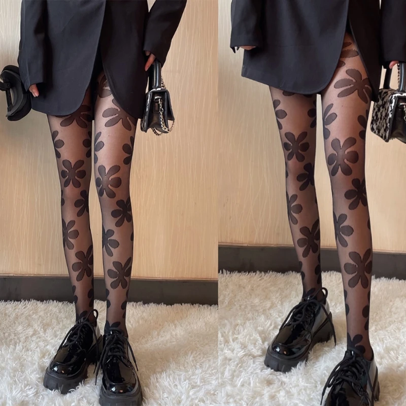 

Women Dark Goth Punk Black Pantyhose Harajuku Big Flower Patterned Sheer Tights Jacquard Sexy See-Through Leggings