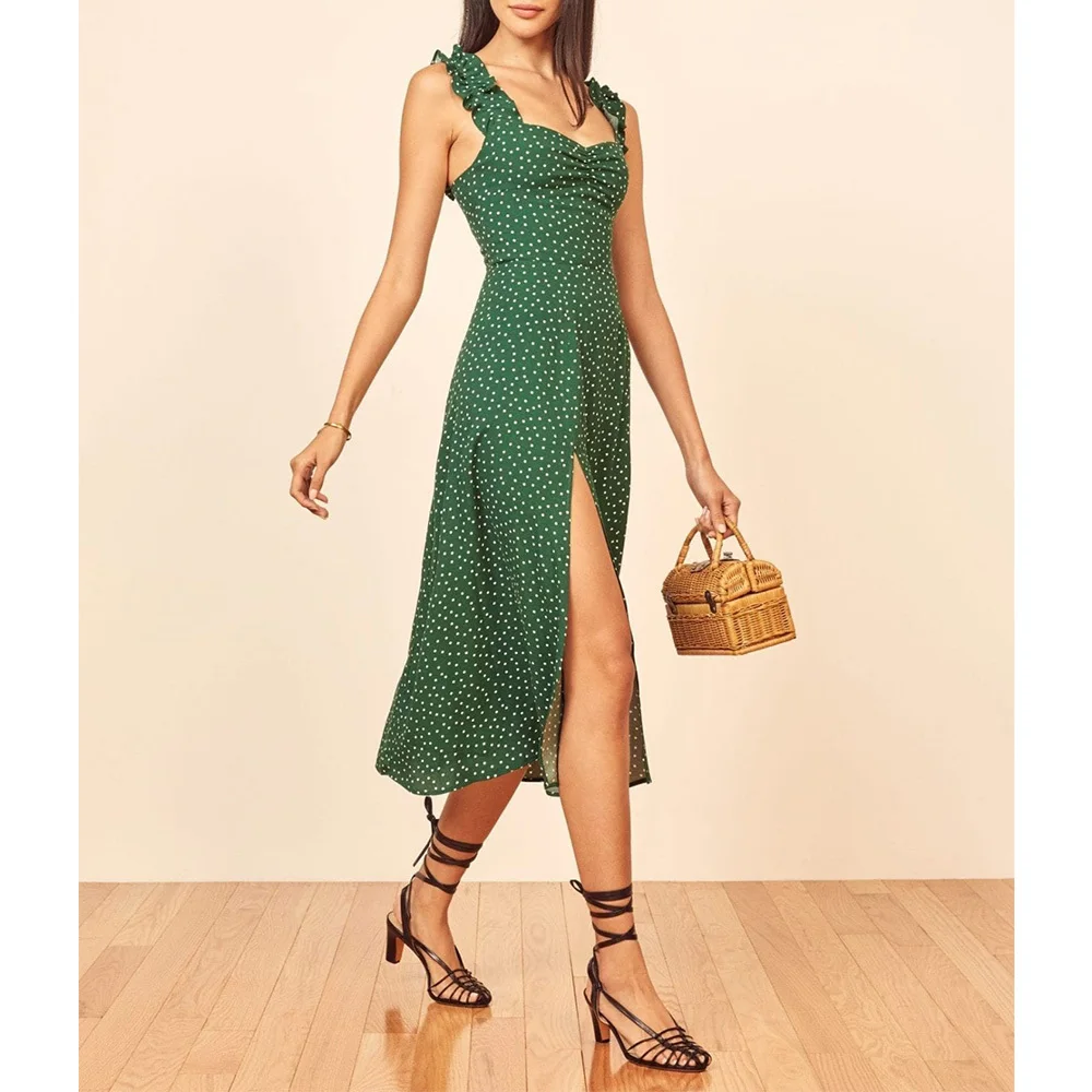 

Casual Polka Dot Dress Women Summer Sweetheart Neck Vintage Elegant Sleeveless Ruffle Edge Strap Sexy Side Slit Midi