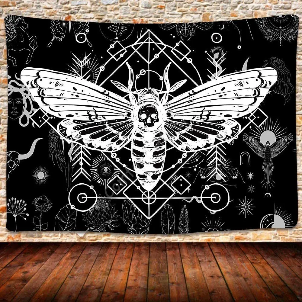 Gothic Witchy Butterfly Moth Tapestry Mystical Moth Skull Dead Head Tapestry Black and White Goth Dorm Decor Wall Hanging