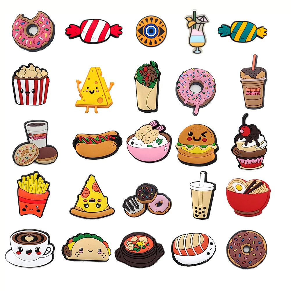Single Sale 1Pc Food Croc Charms  Buckle Jibz Coffee Noodles PVC  Cake Cookies  Donuts  Shoe Charms for Shoe Decoration Buckle