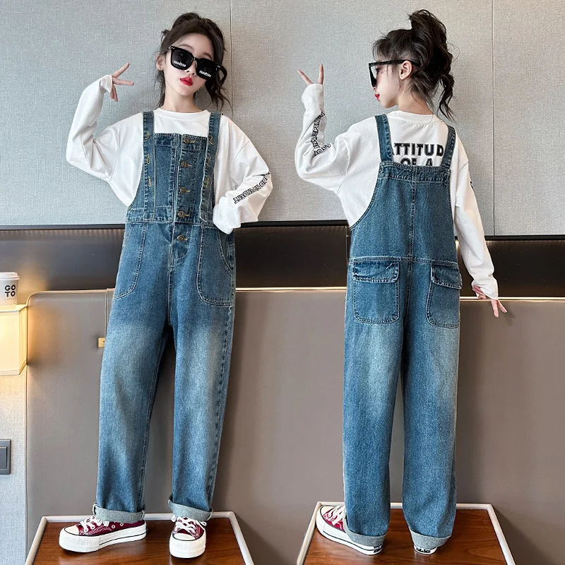 

Girls Loose Straight Single Breasted Suspenders Denim Overalls Teen Jeans 2024 Autumn New Art Retro Streetwear Pocket Jumpsuit