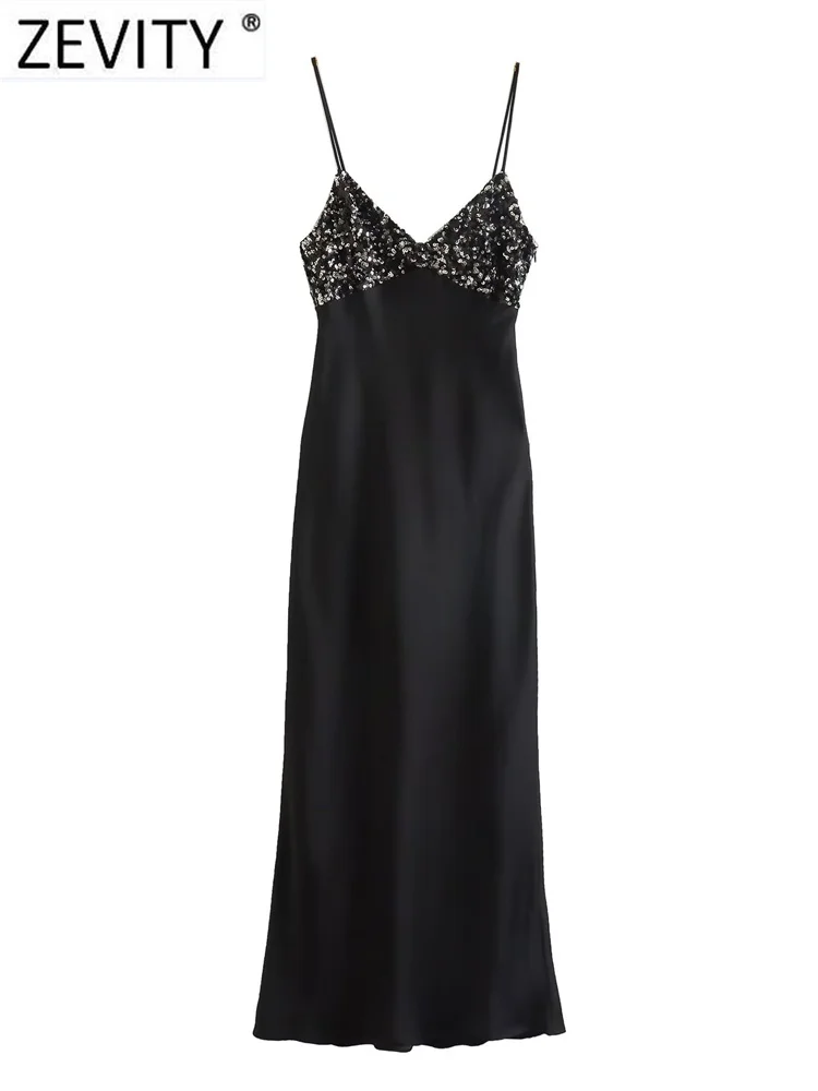

Zevity 2022 Women Sexy Deep V Neck Sequined Patchwork Soft Sling Midi Dress Female Chic Side Zipper Inner Style Vestidos DS3241