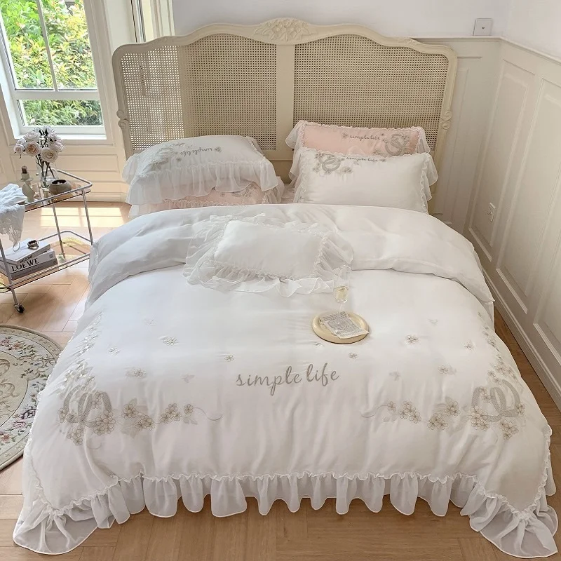 

Flowers Embroidery White Bedding Set Smooth Soft Silky Breathable Lace Ruffles Quilt Cover Flat Fitted Sheet Pillowcases