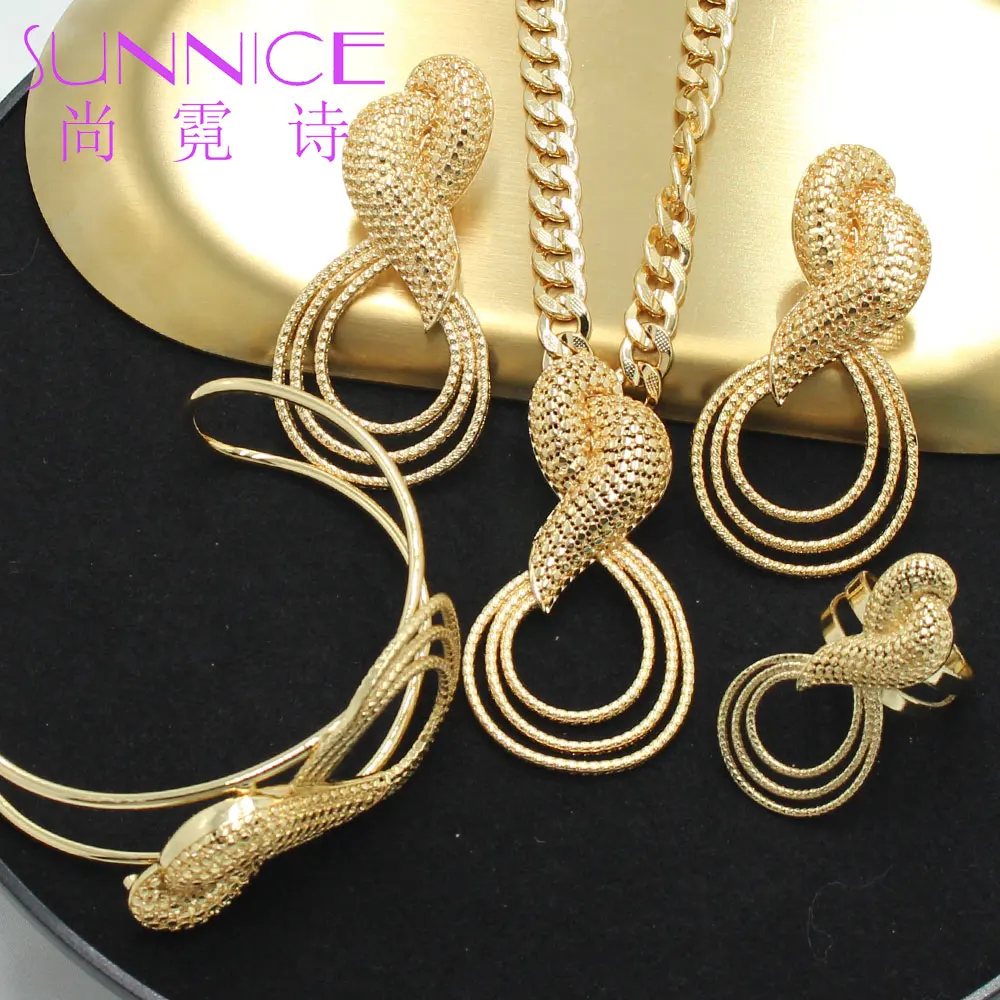 

SUNNICE Dubai Gold Necklace Earrings Set Wedding Bridal Jewelry Sets for Women Bracelets And Ring African Nigeria Jewellery