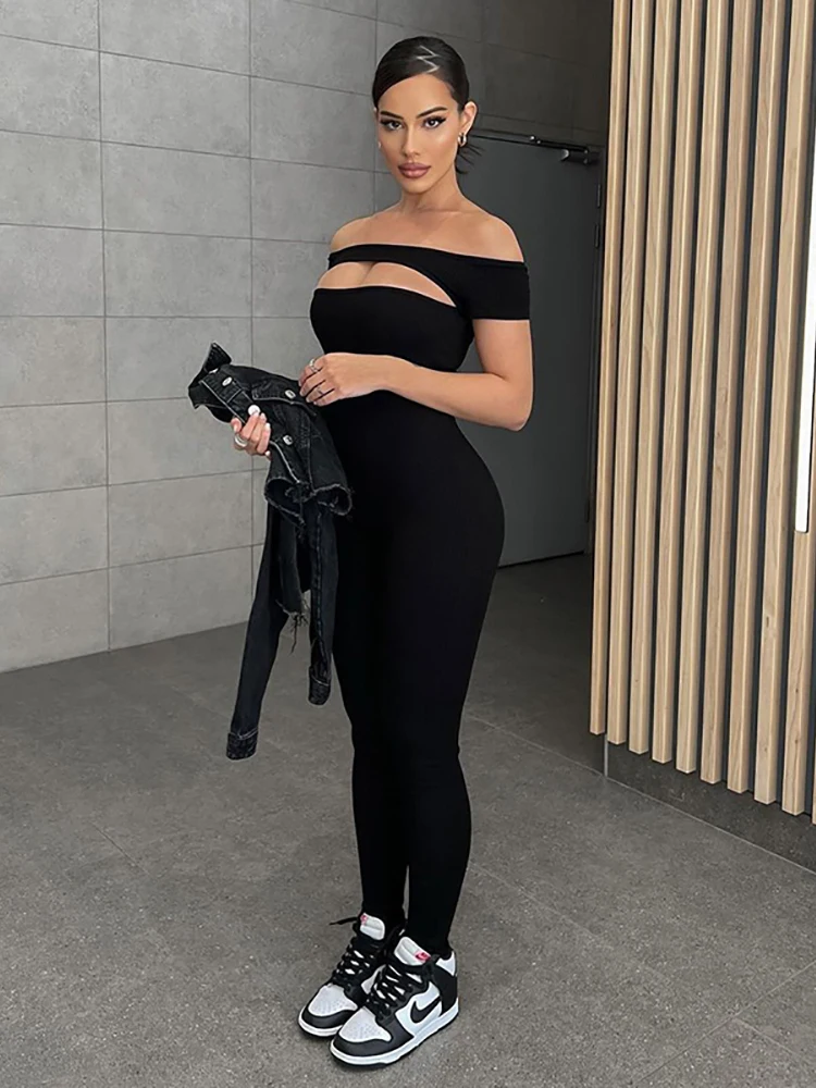 Simenual Sexy Off Shoulder Female Jumpsuits Cut Out Cleavage Short Sleeve Bodycon Catsuits Fashion Streetwear One Piece Outfits