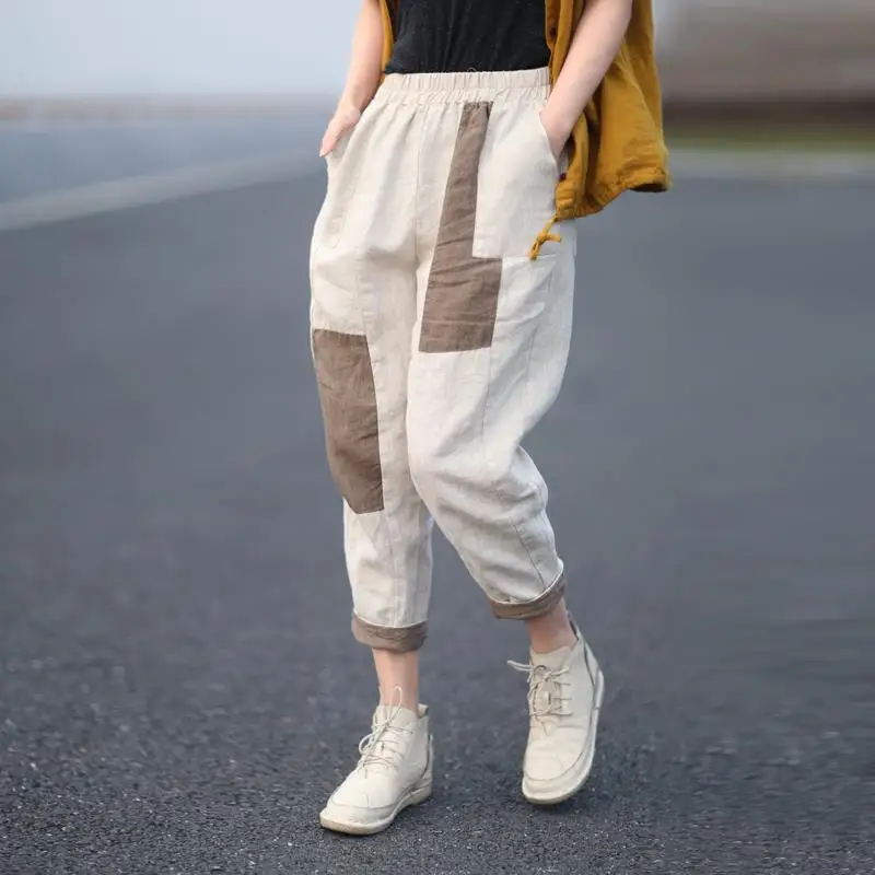 

Summer New Literary Women's Trousers Casual Loose Color Matching Flanging Cotton Hemp Harun Pants P