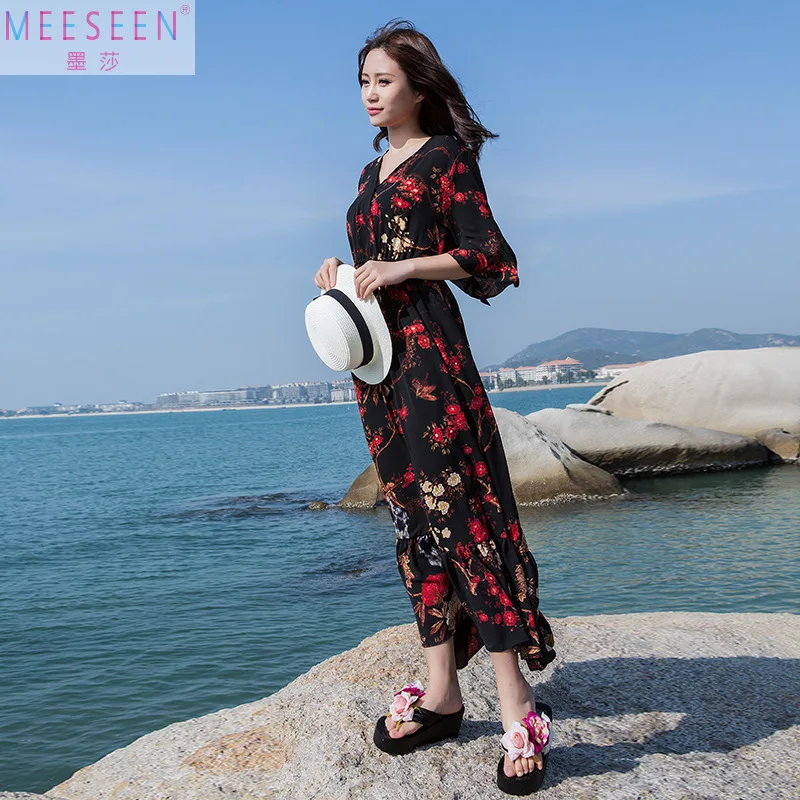 

Women's Summer Lotus Leaf Mid Sleeve Fragmented Flower Skirt Plus Fat Plus Size Loose Swing Skirt Holiday Beach Long Dress