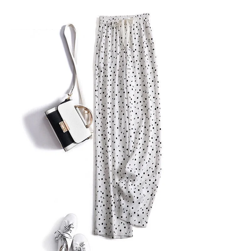 

Summer New High Waisted Wide Leg Pants Women Ice Silk Thin Casual Loose Long Dot Print Trousers Korean Style Straight Pants