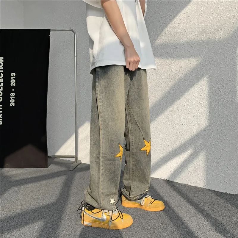 High Street Jeans Men Fashion Hip Hop Streetwear Straight Pants Vintage Star Embroidery Denim Trousers Male Bottoms Y2K Clothes