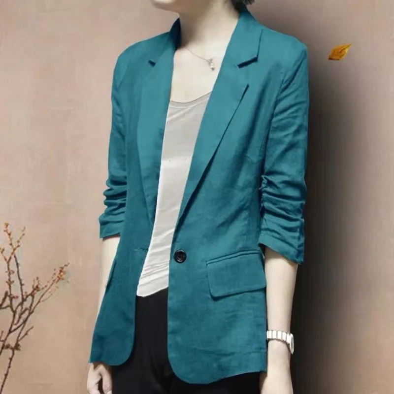 New Vintage Cotton Blazer Women Spring Summer Coat Seventh Sleeve Thin Jacket Korean Fashion Tops Business Office Ladies Suit