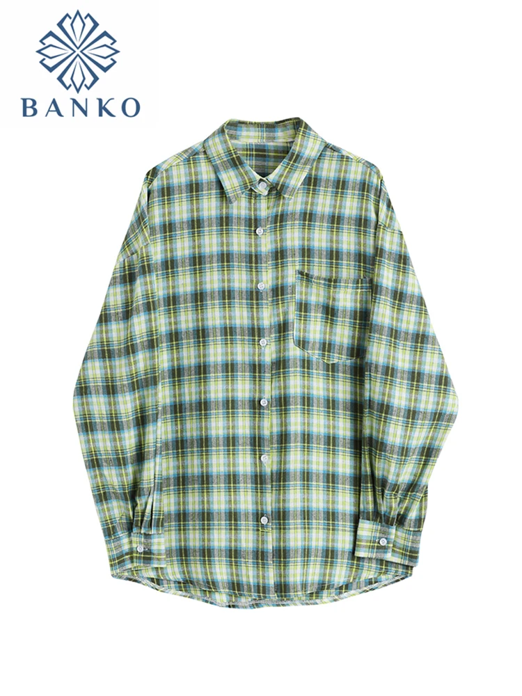 Plaid Shirts Womens Long Sleeve Casual Vintage Turn-down Collar Shirts Loose Checked Lady Fashion All-Match Outwear Spring 2022