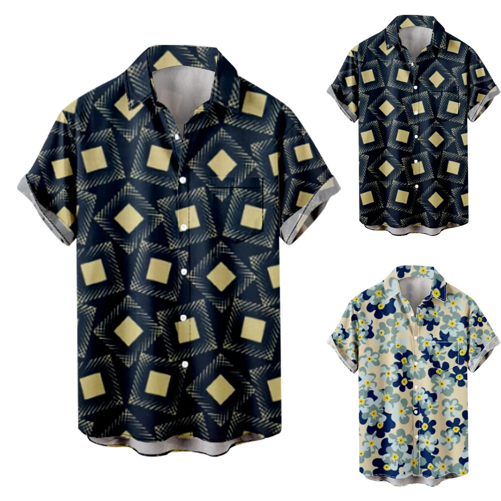 

Mens Fashion And Leisure 3D Digital Printing Buckle Lapel Short Sleeve Shirt Top