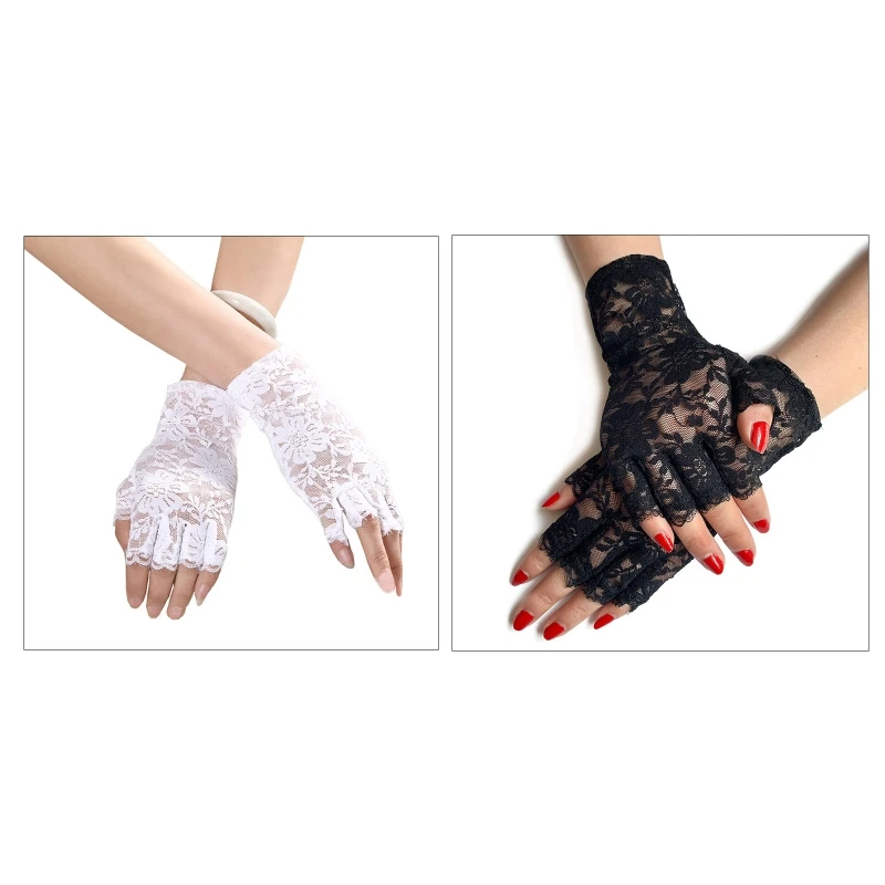 

Q1FA Dainty Transparent Fashion Floral Decor Gloves Elastic Bridal Etiquette Half Finger Gloves See Through Fishnet Gloves