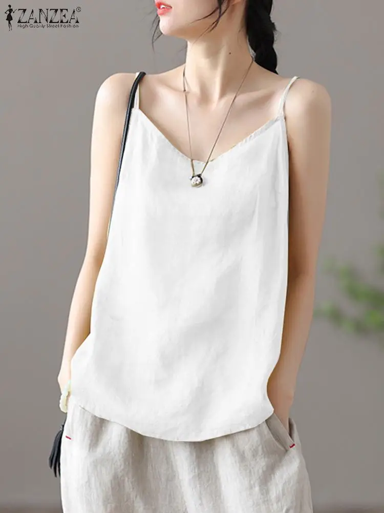 

ZANZEA Summer Women Straps Sleeveless Blouse Vintage Tanks Tops Solid Cotton Camis Casual Loose Beach Holiday Blusas Tunic 2023