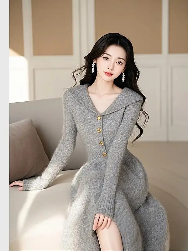 Ozhouzhan 2024 Autumn and Winter New High-Grade Sense Lapel Gentle Long dress Waist Hugging Slimming Knitted Inner wear Dress...