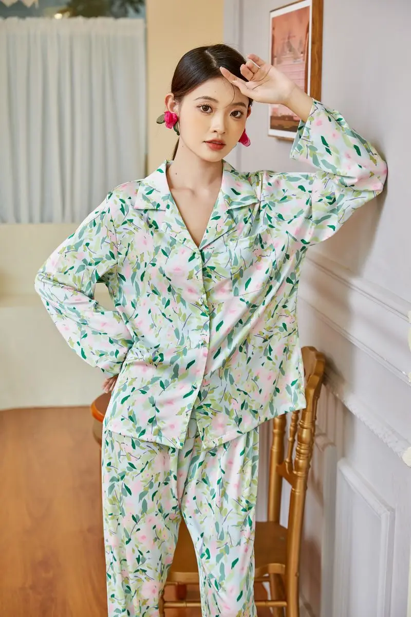 2022 new pajamas women's pastoral style floral ice silk homewear suit  pigiami donna pajamas for women