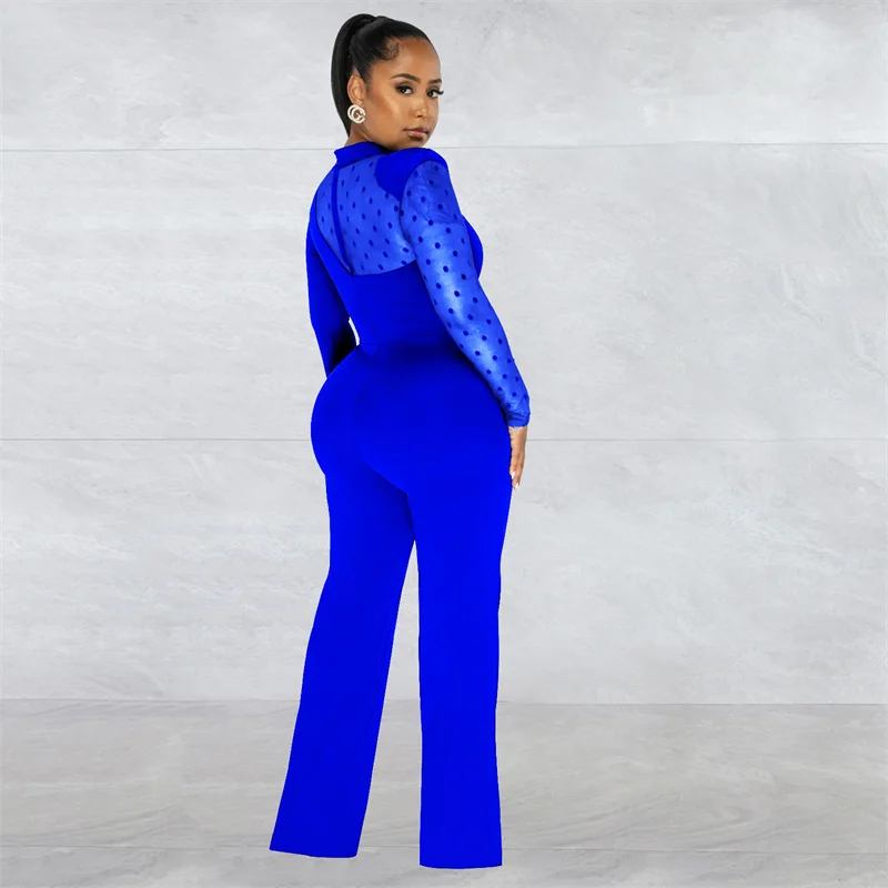 Elegant Fashion Polka Dot Mesh Sheer Patchwork Jumpsuit Women Party Club Long Sleeve Rompers One-Pieces Wide Leg Overalls Office