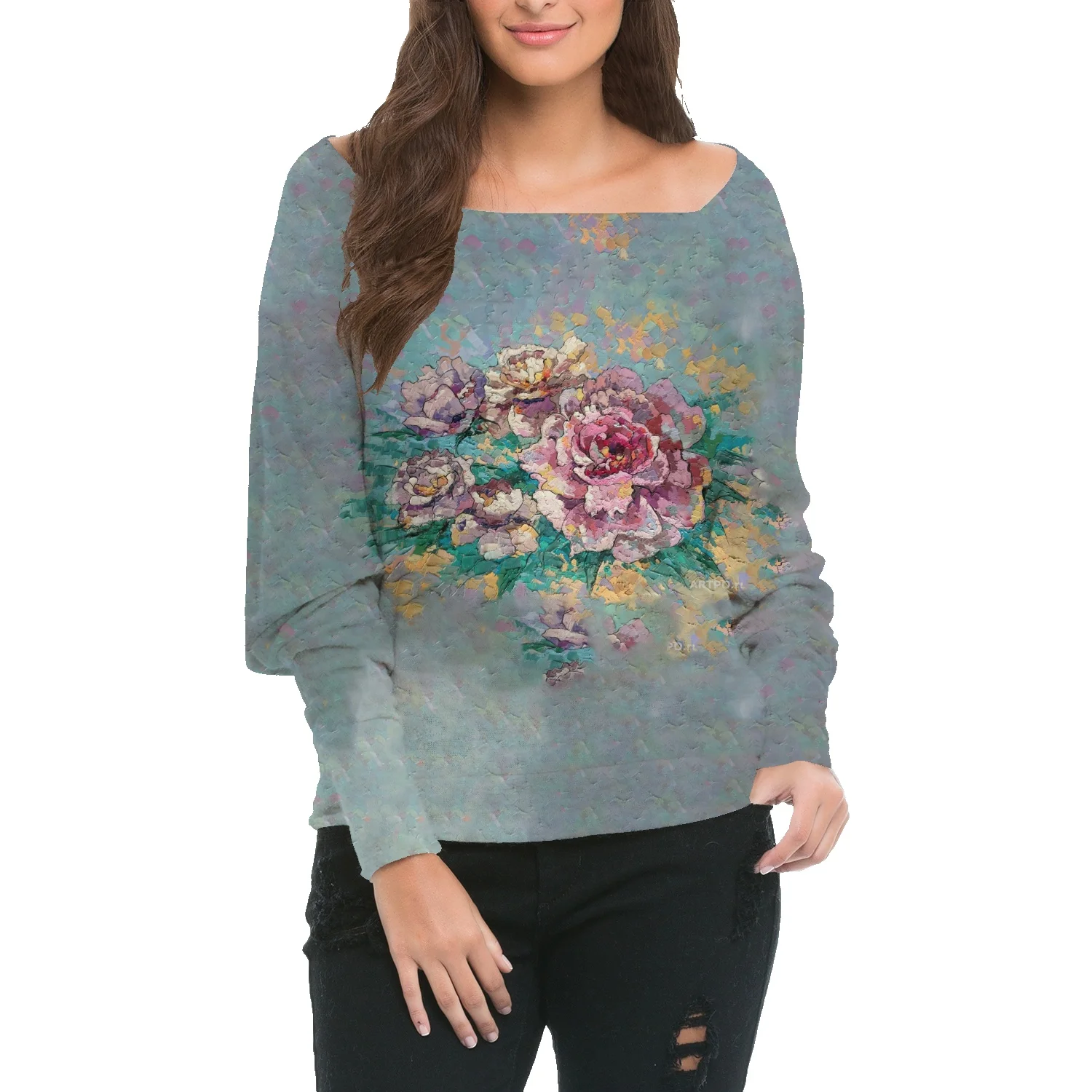 

Женский свободный свитер с абстрактным цветочным принтом, Осенний сексуальный свитер с квадратным вырезом, модный Повседневный Топ