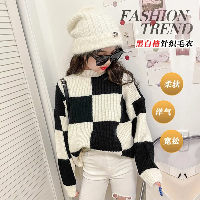 

Boys and Girls Sweaters Autumn Winter Plaid Knitted Long Sleeve Checkered Jumper Patchwork Toddler Pullover Kids 4 To 14 Yrs