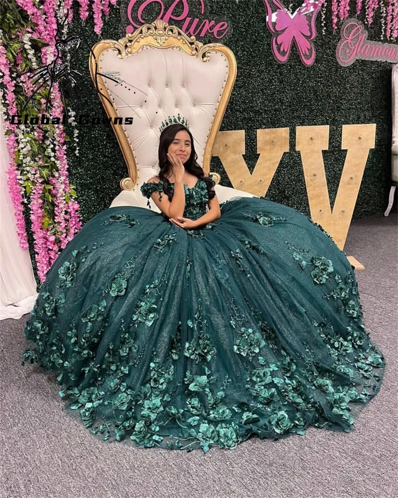 

Princess Green Off The Shoulder Ball Gown Quinceanera Dress Beaded Birthday Prom Dresses 3D Flowers Graduation Gowns Vestido De