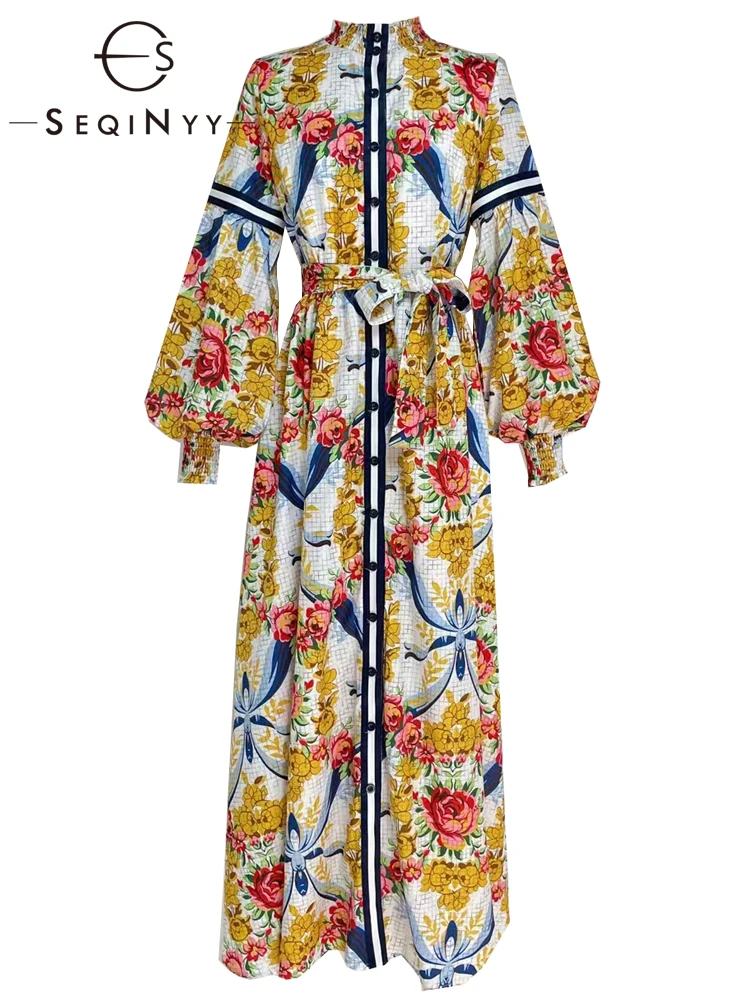 

Женское богемное платье-миди SEQINYY, весенне-осеннее подиумное винтажное Повседневное платье с цветочным принтом и рукавами-фонариками