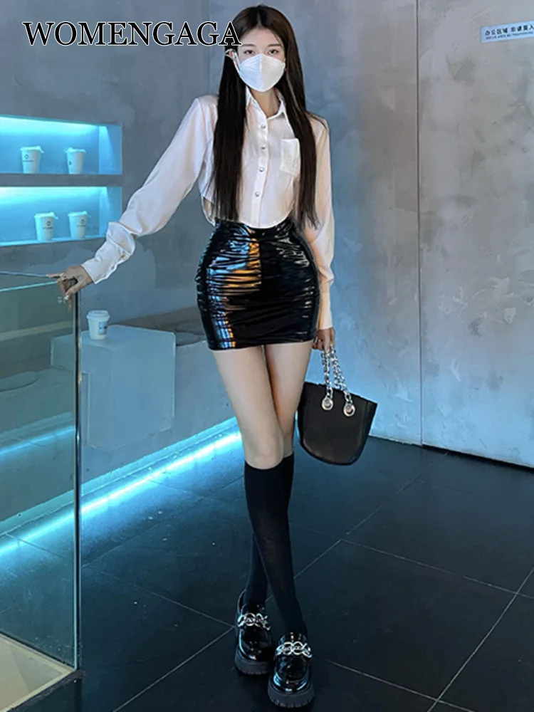 

WOMENGAGA Slim Hot Sexy Korena Women Mini Skirt Pu Leather OL Elegant Fashion 2022 Women Skirts Pleated Sweet Babes OM3P