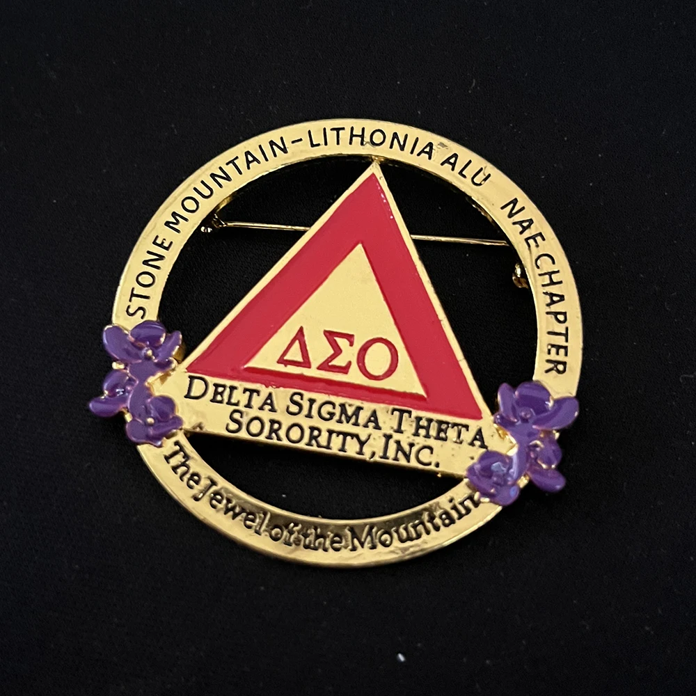 

Popular Greek alphabet round metal purple flower brooch