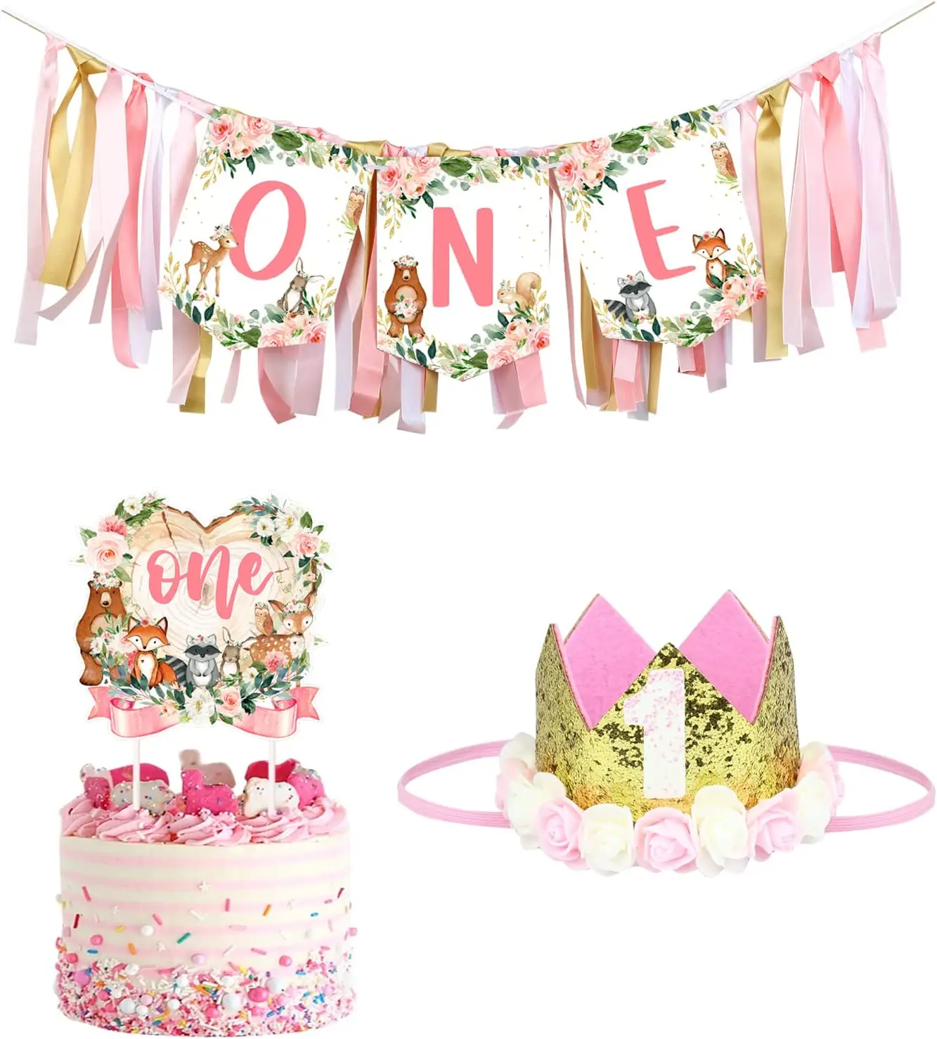 

Pink Woodland 1st Birthday Decorations Girl Forest Animal High Chair Banner Cake Topper Crown for Jungle Garden Party Supplies