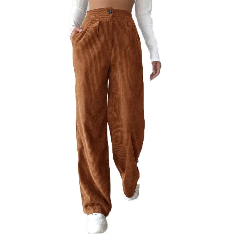 New Style High Waist Casual Pants Pure Color Corduroy Loose Straight Trousers Women