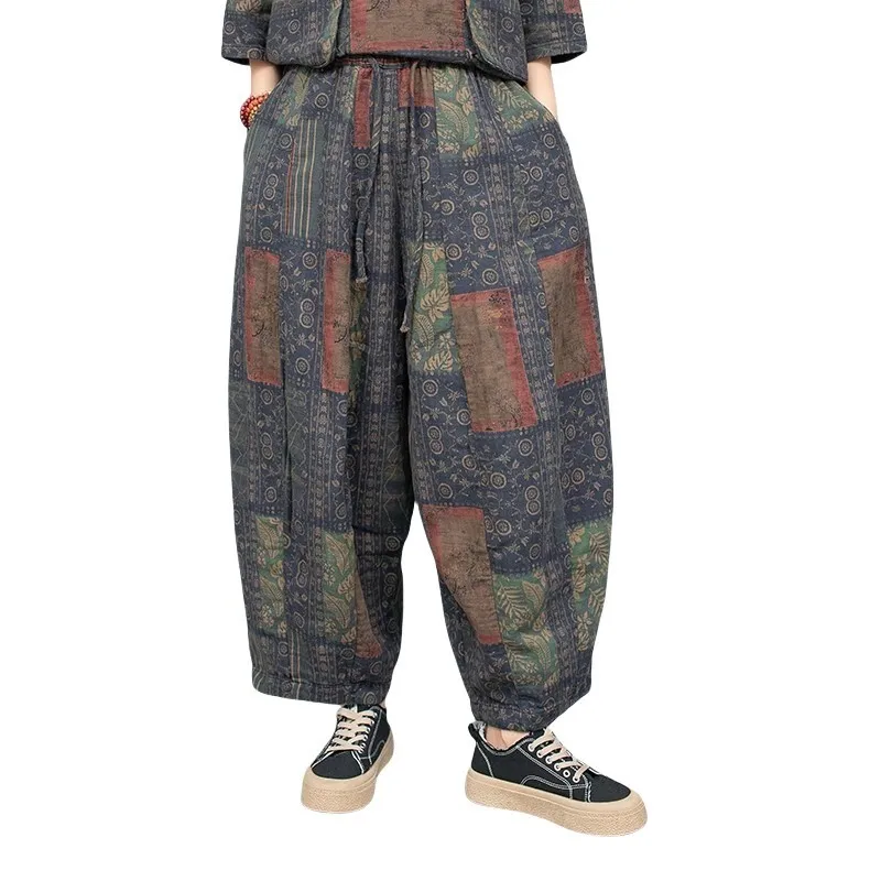 Женские брюки из хлопка и льна с принтом тыквы осень 2023 свободные LX2207