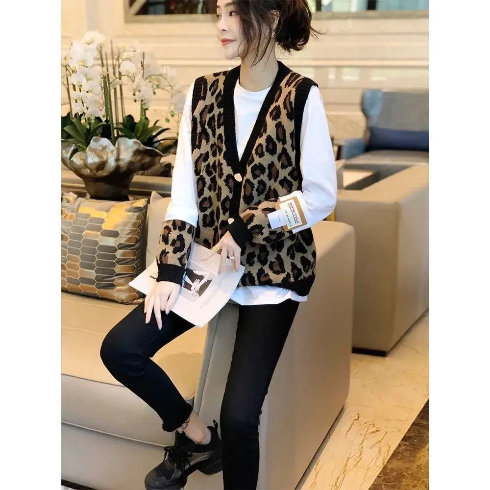 Леопардовый жилет кардиган для женщин Ранняя весна 2023 Свободный вязаный с