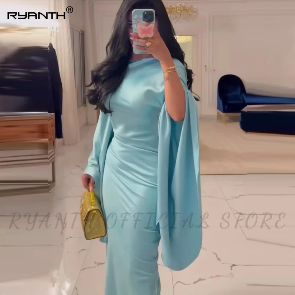 

Ryanth O Neck Evening Dresses فساتين السهرة Floor Length Satin Flare Sleeve Elegant Party Gowns Prom Dress Blue Robe de soirée