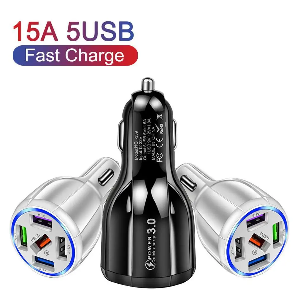 

QC3.0 5 Usb Автомобильное зарядное устройство, универсальное алюминиевое автомобильное зарядное устройство для Huawei Xiaomi Samsung IPhone 11 Pro Max