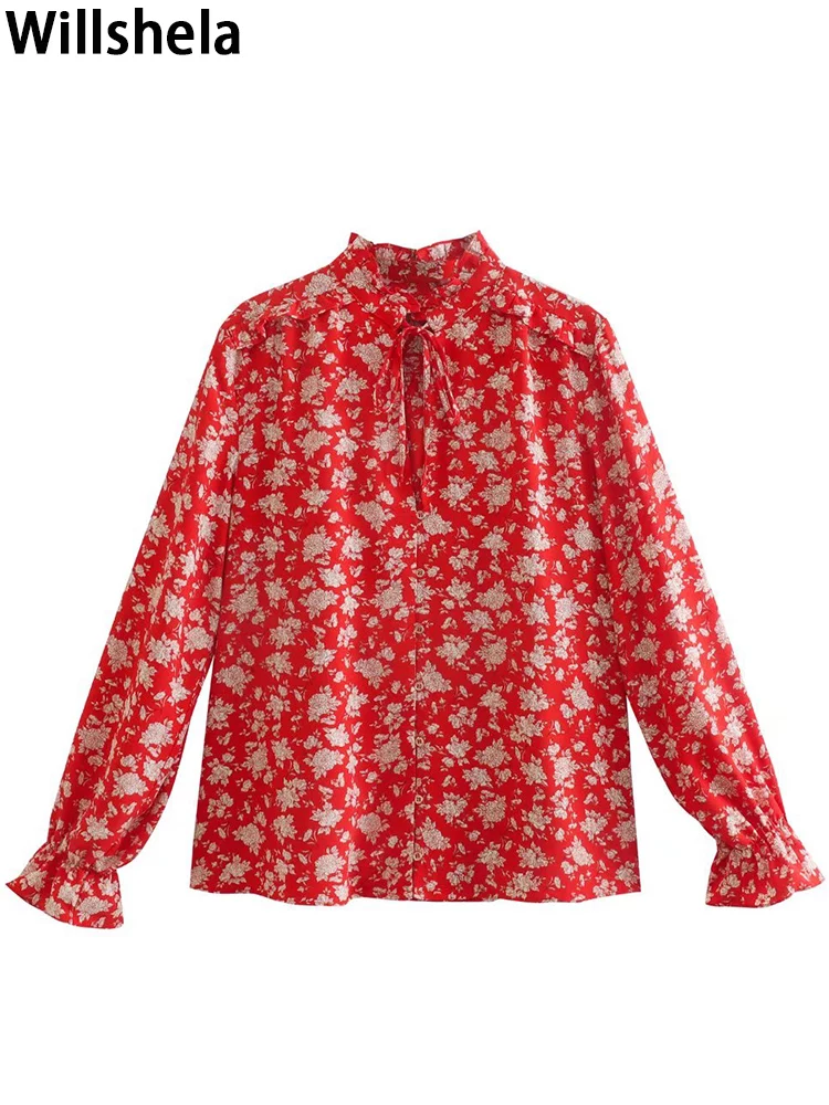 

Willshela Женская модная однобортная блузка с цветочным принтом винтажные длинные расклешенные рукава с v-образным вырезом женские шикарные ру...