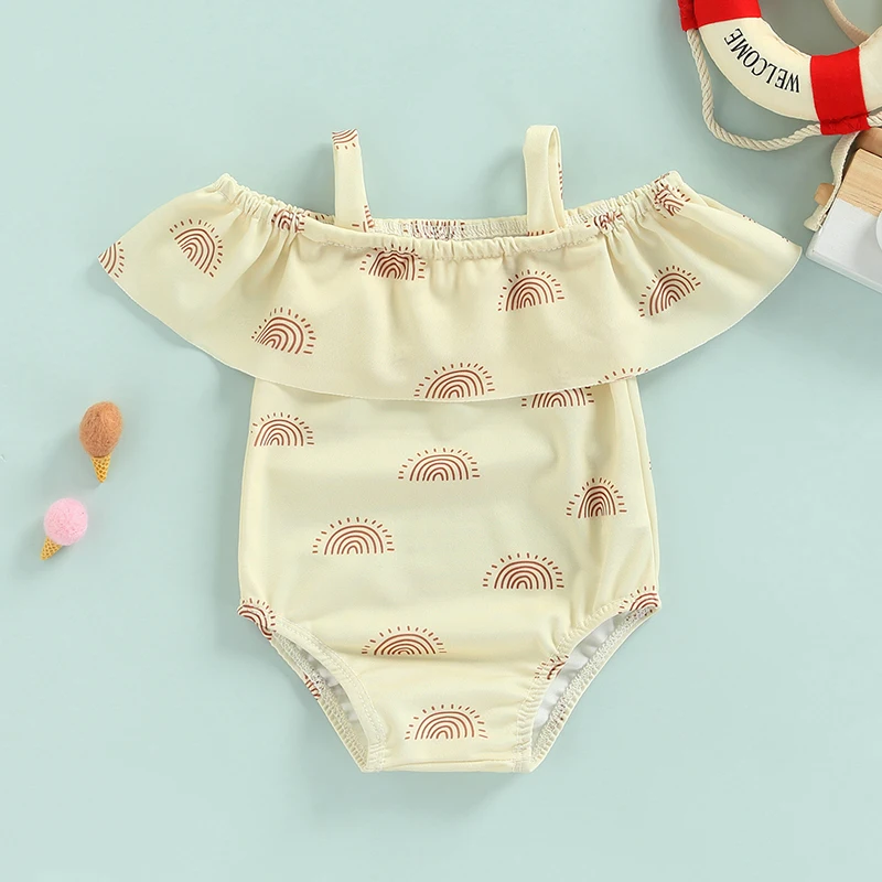 

2022 Kid Girls Swimwear Rainbow Print Off-the-shoulder Bathing Suit Baby Swimming Clothing