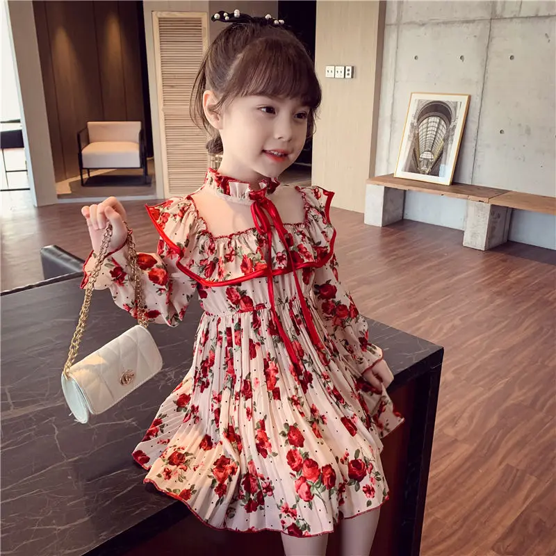 

2022 Spring New Fashion Girls Floral Chiffon Skirt Kids Pleated Princess Skirt Korean Dress Simple Style Fashion ClothesBoutique