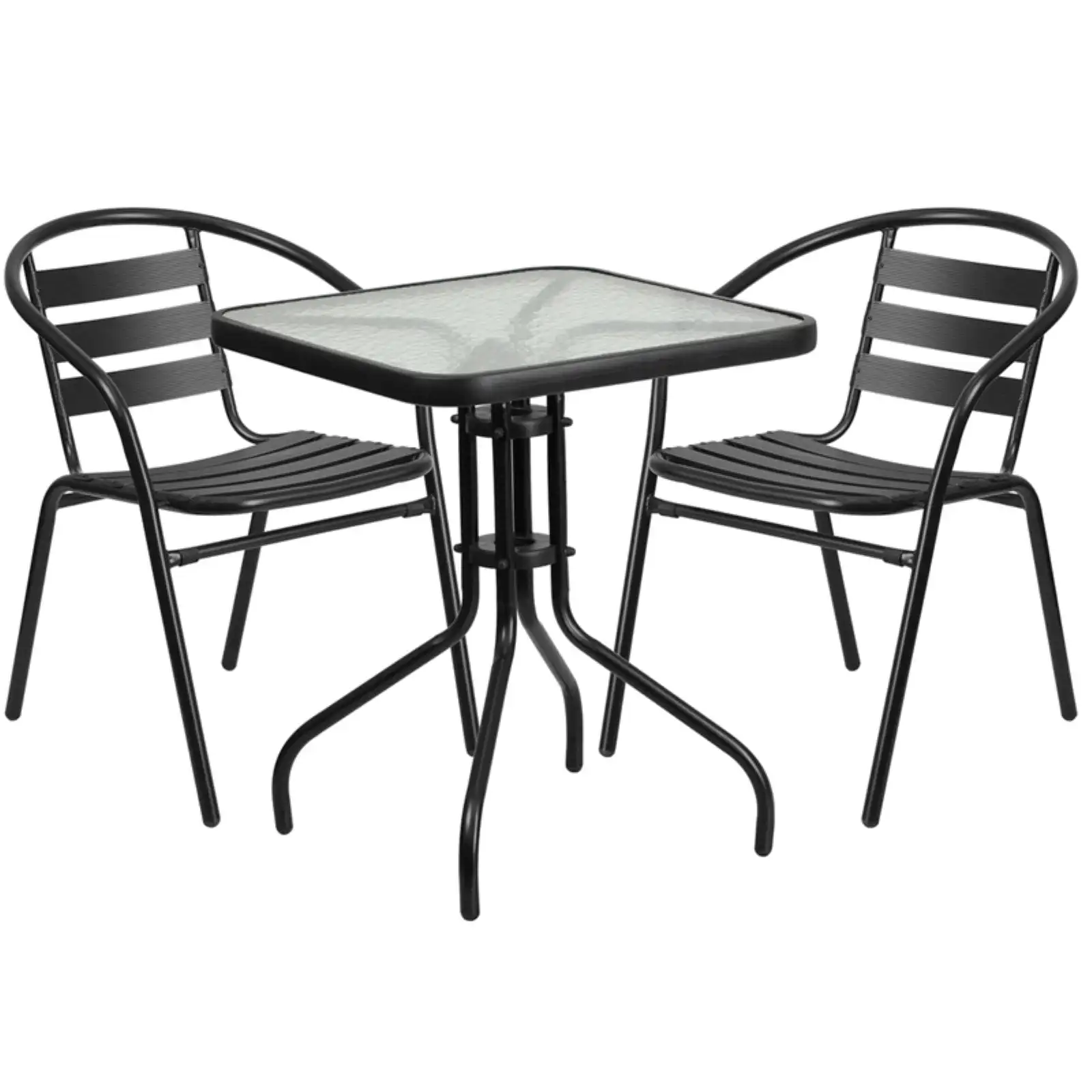 

Flash Furniture 23.5'' Square Glass Metal Table with 2 Black Metal Aluminum Slat Stack Chairs