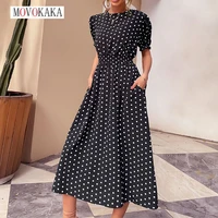 movokaka woman summer elegant long dress party casual slim office lady dots printed vestidos o neck short sleeve vintage dresses