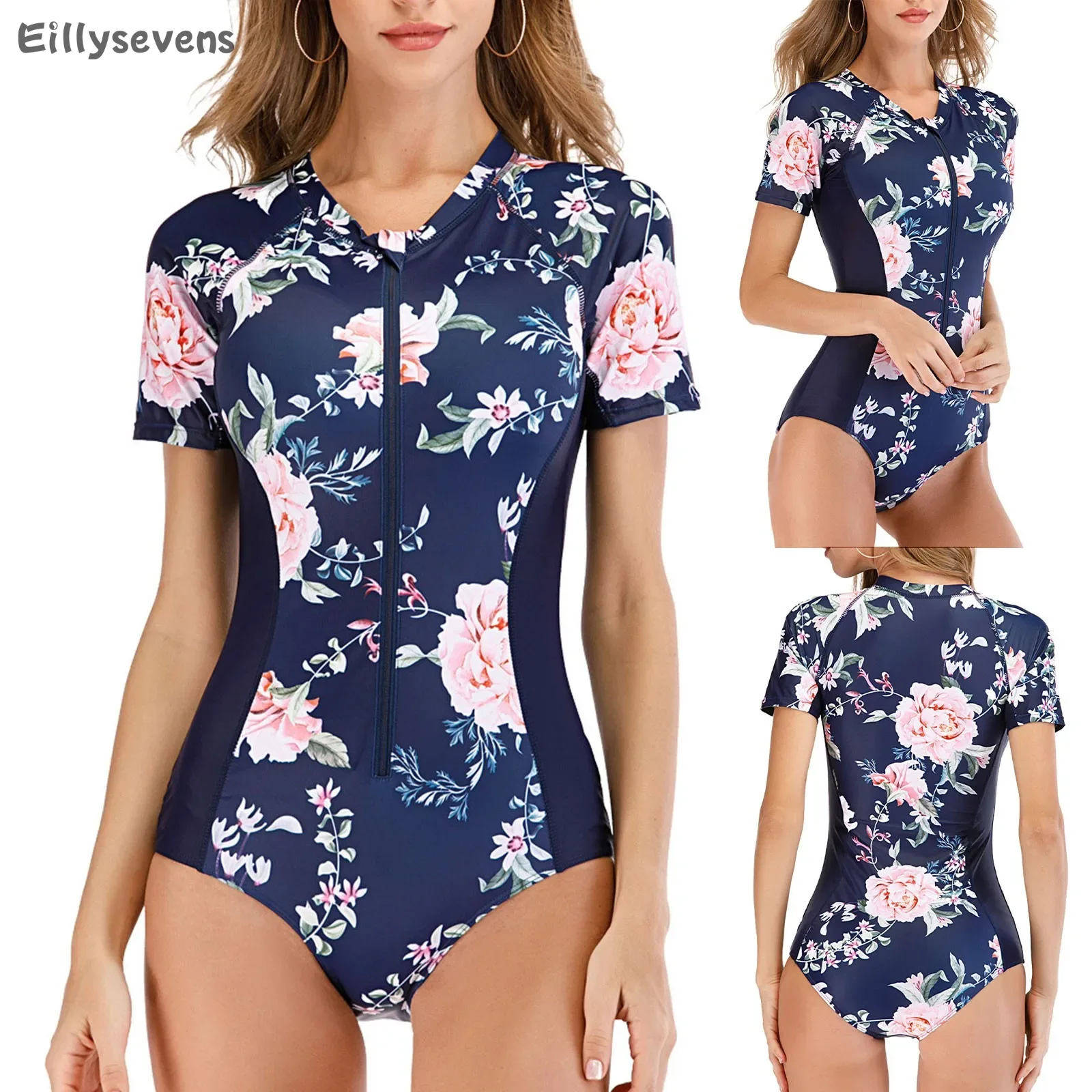 ępiony damski jednoczęściowy strój kąpielowy moda Surf kombinezon z krótkim rękawem miseczkami na klatkę piersiową bez stalowego biustonosza