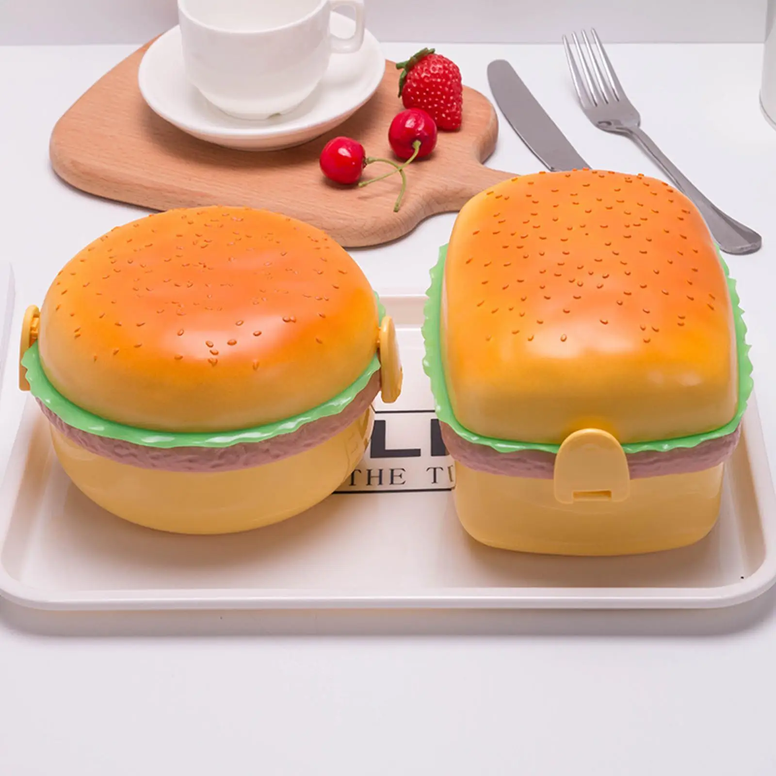 

Hamburger Lunch Box Double Tier Cute Burger Bento Box Food Container Set Fork Children School Microwave Tableware F7A3