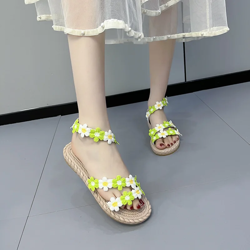 Beach Thin Ribbon Flower Sandal Women Flat Sandals Casual Toe Slipper Sandalias Zapatos Mujer Sapato Feminino Chaussure Femme