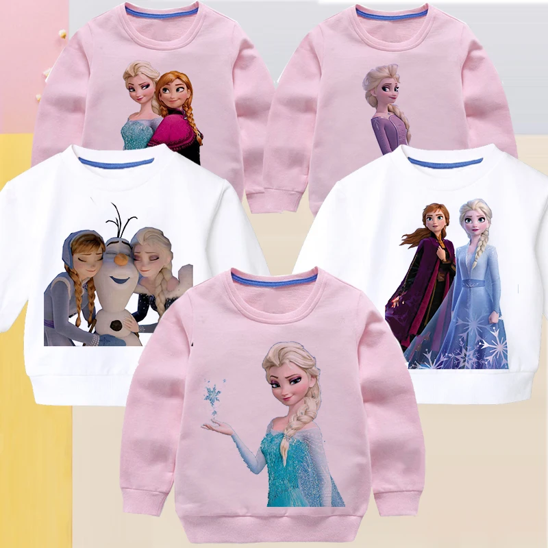 

Disney Frozen Series Children Clothing Print Elsa Cartoon Long-sleeved Sweatshirt Fashion Girls Winter Hoodie Casual Pink White