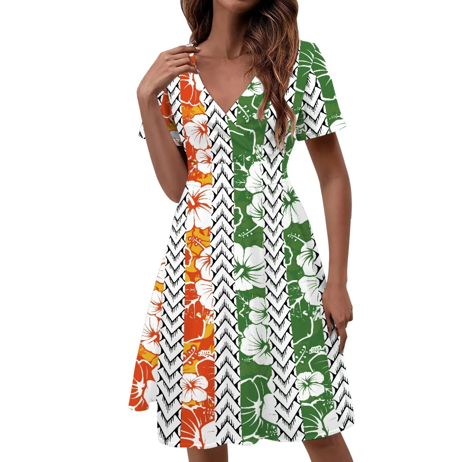 

Polynesian Tribal Pohnpei Totem Tattoo Prints Women Light And Breathable V-neck Sundress Elegant Sexy Slim Short Sleeve Dress