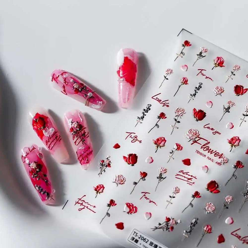 

3D рельефные наклейки для ногтей с цветами розы, клетчатый узор, аксессуары для маникюра, украшения для ногтей с сердечками, День святого Вал...