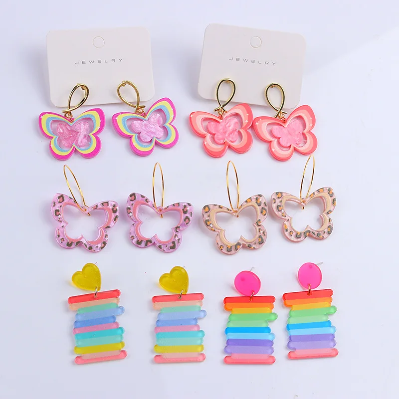 

Super Cute Lovely Candy Color Butterfly Rainbow Acrylic Earrings Women Hollow Leopard Printed Dangle Earrings Fashion Jewelry